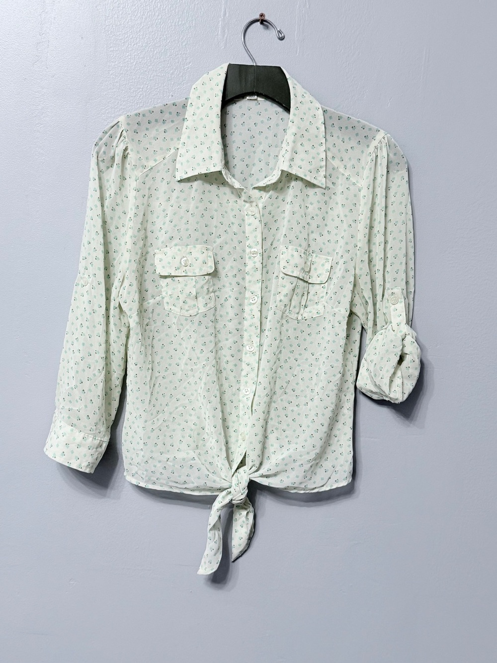 #17)  mine Tie-Front Sheer Button Down Shirt